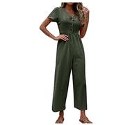 Ansenesna Jumpsuit Damen 7/8 Lang Sommer V Ausschnitt Overall Damen Elegant Kuschelig Strand Jumpsuits Damen Einteiler Weites Bein Eleganter Playsuit Frauen Knöpfen Romper Einfarbig Onesie