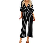 Ansenesna Jumpsuit Damen Gestreift Sommer 3/4 Lang Elegant Weites Bein Elegant Playsuit Mit Ärmel V Ausschnitt Rückenfrei Für Hochzeit Gast (M, Schwarz)