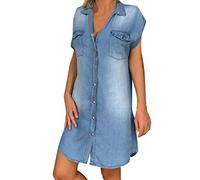 Ansenesna Kleid Jeans Damen Kurz Locker Elegant Hemdkleid Frauen Denim Mini A Linie Kleider (Blau,M)