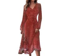 Ansenesna Kleider Damen Langarm Herbstkleid Damen Midi Elegant V Ausschnitt Midikleid Blumen A Linie Vintage Damenkleider Frauen Hohe Taille Schwingen Kleid Herbst Blumenkleid