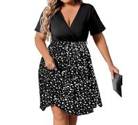 Ansenesna Kleider Damen Sommer Große Größen Sommerkleid Damen Kurz Elegant Kleid Für Dicke Frauen A Linie V Ausschnitt Sommerkleider mit Ärmel Strandkleid Für Mollige Damenkleider mit Gürtel