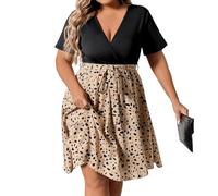 Ansenesna Kleider Damen Sommer Große Größen Sommerkleid Damen Kurz Elegant Kleid Für Dicke Frauen A Linie V Ausschnitt Sommerkleider mit Ärmel Strandkleid Für Mollige Damenkleider mit Gürtel