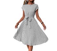 Ansenesna Kleider Damen Sommer Knielang Elegant Sommerkleider Damen Leicht Und Luftig A Linien Kleid mit Gürtel Strandkleid Frauen Luftig Geblümt Sommerkleid Plissee Schick Plisseekleid