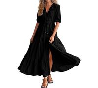 Ansenesna Maxikleid Damen Sommer Elegant Kleid mit Schlitz Sommerkleid Lang V Ausschnitt Elegante Kleider Halbarm Sommerkleider Damen Leicht Und Luftig Strandkleid Maxi Tailliert Damenkleider