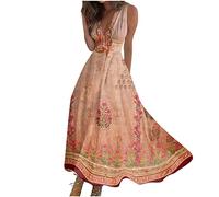 Ansenesna Maxikleid Hippie Boho Damen Vintage Sommerkleid Damen Leicht Lang Blumen Kleider Frauen V Ausschnitt Luftige Sommerkleider Ärmellos Langes Strandkleid Elegant Maxi Kleid