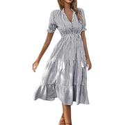Ansenesna Midikleid Damen Sommer Gestreift Kleid Damen Elegant Elegante Kleider mit Knopfleiste Sommerkleider Damen Leicht Und Luftig Sommerkleid Frauen Midi V Ausschnitt Rüschen Damenkleider