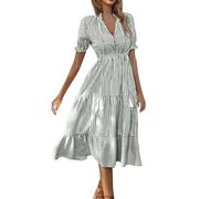 Ansenesna Midikleid Damen Sommer Gestreift Kleid Damen Elegant Elegante Kleider mit Knopfleiste Sommerkleider Damen Leicht Und Luftig Sommerkleid Frauen Midi V Ausschnitt Rüschen Damenkleider