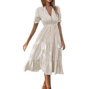 Ansenesna Midikleid Damen Sommer Gestreift Kleid Damen Elegant Elegante Kleider mit Knopfleiste Sommerkleider Damen Leicht Und Luftig Sommerkleid Frauen Midi V Ausschnitt Rüschen Damenkleider