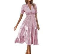 Ansenesna Midikleid Damen Sommer Gestreift Kleid Damen Elegant Elegante Kleider mit Knopfleiste Sommerkleider Damen Leicht Und Luftig Sommerkleid Frauen Midi V Ausschnitt Rüschen Damenkleider