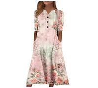 Ansenesna Midikleid Damen Sommer mit Knopfleiste Blumen Sommerkleid Damen Midi Elegant Elegante Kleider mit Taschen Damenkleider Frauen A Linie Luftige Sommerkleider Damen Leicht Und Luftig