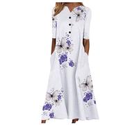 Ansenesna Sommerkleid Damen Blumen V Ausschnitt Leichte Sommerkleider mit Knöpfen Frauen Elegant Wadenlang Kleider Sommer Leicht Luftig Midi Kleider Kurzarm Locker Kleid mit Taschen