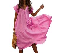 Ansenesna Sommerkleid Damen,Kleid Vorne Kurz Hinten Lang Kleider Damen Sommer V Ausschnitt Luftige Sommerkleider Elegant Rüschen Strandkleid Frauen Einfarbig Leichte Kleid Elegante Damenkleider