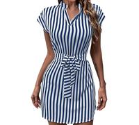 Ansenesna Sommerkleid Damen Kurz Elegant Gestreift Kleider Damen Sommer V Ausschnitt Sommerkleider Damen Leicht Und Luftig Kleid mit Gürtel Frauen Streifen Damenkleider mit Ärmeln Minikleid