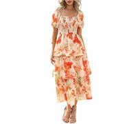 Ansenesna Sommerkleid Damen Lang Elegant Rüschen Kleid Damen Sommer Blumen Sommerkleider Leicht Und Luftig Gesmoktes Kleider Quadratischer Ausschnitt Strandkleid Frauen Tailliert Blumenkleid