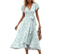 Ansenesna Sommerkleid Damen Lang Elegant Rüschen Wickelkleid Damen Sommer Blumen Sommerkleider Leicht Und Luftig Curvy Strandkleid Frauen V Ausschnitt Tailliert Kleider Geblümt Blumenkleid