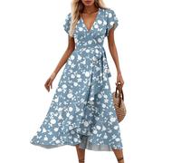 Ansenesna Sommerkleid Damen Lang Elegant Rüschen Wickelkleid Damen Sommer Blumen Sommerkleider Leicht Und Luftig Curvy Strandkleid Frauen V Ausschnitt Tailliert Kleider Geblümt Blumenkleid