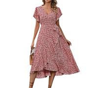 Ansenesna Sommerkleid Damen Lang Elegant Rüschen Wickelkleid Damen Sommer Blumen Sommerkleider Leicht Und Luftig Curvy Strandkleid Frauen V Ausschnitt Tailliert Kleider Geblümt Blumenkleid