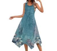 Ansenesna Sommerkleid Damen Midi Elegant Blumen Kleider Damen Sommer Asymmetrisch Luftige Sommerkleider Leicht und Luftig Strandkleid Frauen A Linie Vintage Midikleid Ärmellos Kleid