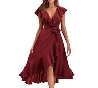 Ansenesna Sommerkleid Damen Midi Elegant Kleid Vorne Kurz Hinten Lang Elegante Kleider Sommer V Ausschnitt Sommerkleider Damen Leicht Und Luftig Midikleid Frauen Rüschen Strandkleid mit Gürtel