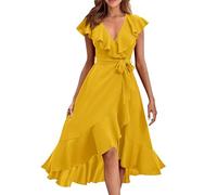 Ansenesna Sommerkleid Damen Midi Elegant Kleid Vorne Kurz Hinten Lang Elegante Kleider Sommer V Ausschnitt Sommerkleider Damen Leicht Und Luftig Midikleid Frauen Rüschen Strandkleid mit Gürtel