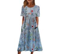 Ansenesna Sommerkleid Damen Midi Elegant Kleider Damen Sommer Blumen Luftige Sommerkleider Leicht und Luftig Strandkleid Frauen A Linie Plissee Midikleid mit Taschen Kurzarm Weite Kleid