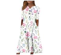 Ansenesna Sommerkleid Damen Midi Elegant Kleider Damen Sommer Blumen Strandkleid Frauen V Ausschnitt Kurzarm Luftige Sommerkleider Leicht und Luftig Midikleid mit Knopfleiste Kleid mit Taschen