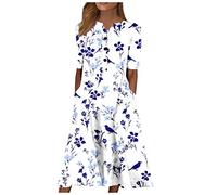 Ansenesna Sommerkleid Damen Midi Elegant Kleider Damen Sommer Blumen Strandkleid Frauen V Ausschnitt Kurzarm Luftige Sommerkleider Leicht und Luftig Midikleid mit Knopfleiste Kleid mit Taschen