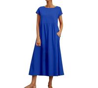 Ansenesna Sommerkleid Damen Midi Elegant Kleider Damen Sommer Locker Midikleid Frauen Kurzarm Luftige Sommerkleider Leicht und Luftig Kleid Tailliert Weite Strandkleid mit Taschen