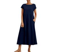 Ansenesna Sommerkleid Damen Midi Elegant Kleider Damen Sommer Locker Midikleid Frauen Kurzarm Luftige Sommerkleider Leicht und Luftig Kleid Tailliert Weite Strandkleid mit Taschen