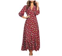Ansenesna Sommerkleid Damen Vintage Geblümt Leichte Sommerkleider Damen Elegant Lang Kleider Frauen Sommer V Ausschnitt Kleid 3/4 ärmel Luftige Damenkleider mit Knöpfen Blumen Maxikleider