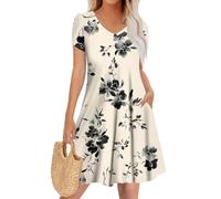 Ansenesna Sommerkleider Damen Leicht Und Luftig Damen Kleider Sommer Kurz Elegant Sommerkleid mit Taschen A Linie Tshirt Kleid Frauen V Ausschnitt Blumen Damenkleider Vintage Shirtkleid