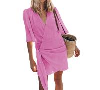 Ansenesna Wickelkleid Damen Sommer Kurz Sommerkleid Damen Elegant V Ausschnitt Sommerkleider Damen Leicht und Luftig Kleider Frauen Wickeloptik Tunika Kleid A Linie Einfarbig Strandkleid