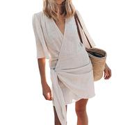 Ansenesna Wickelkleid Damen Sommer Kurz Sommerkleid Damen Elegant V Ausschnitt Sommerkleider Damen Leicht und Luftig Kleider Frauen Wickeloptik Tunika Kleid A Linie Einfarbig Strandkleid