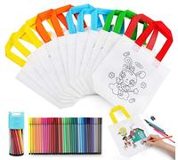 Anstore Kinder Stoffbeutel Set, 12 Stück Non-Woven Tasche Zum Bemalen & 36 Farbe Buntstifte für Geschenktaschen Kindergeburtstag DIY Graffiti Taschen, 23x22.5cm Stofftasche mit Henkel für Geschenk