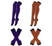 Antcher 2 Paar gestreifte Kniestrümpfe für Damen, Armstulpen, Beinstulpen, Set, fingerlose Handschuhe für den täglichen Gebrauch, Weihnachten, Halloween, Cosplay, Orange / Schwarz / Lila / Schwarz