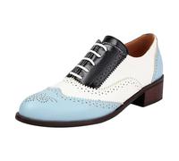 ANUFER Damen Kontrastfarbe Blockabsatz Flügelspitze Brogues Niedrige Spitze Oxfords Hofschuhe Blau SN0706226-2 EU38
