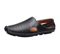 ANUFER Herren Atmungsaktiv Echtes Leder Ausgehöhlt Sommer Flache Slipper Schlüpfen Mokassins Fahrende Schuhe Schwarz SN010611 EU41