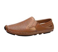 ANUFER Herren Atmungsaktiv Echtes Leder Ausgehöhlt Sommer Flache Slipper Schlüpfen Mokassins Fahrende Schuhe Braun SN010611 EU41