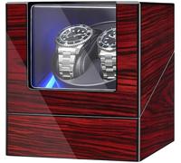 ANWBROAD Automatik Uhrenbeweger 2 Uhren,Automatic Watch Winder,Uhrendreher mit Leisem Motor,4 Rotationsmodi,LED-Beleuchtung,Uhrenbeweger mit Batterie oder Netzteil,Rote Holzoptik Klavierlack JWW001Y