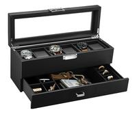 anyasun Uhrenbox aus Leder - Uhrenschatulle für Herren mit 6 Schlitzen, Aufbewahrungsbox mit Schublade, Karbonfaser-Design, Echtglas-Fensterfläche und abschließbar … (6 Fächer mit Schublade)