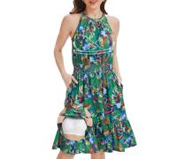 ANYFITTING Ärmelloses Damenkleid Neckholder mit eingenähtem BH sommerlich Rüschenverzierungen Hawaii Druck Urlaubskleid praktische Seitentaschen Grün Rot M