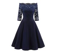 AnyuA Damen Kleid Abendkleid Schulterfreies Cocktailkleid Elegant Festlich Spitzenkleid Partykleid Marine M