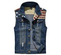 AnyuA Herren Beilaufige Weste, Patch Ärmellose, Denim Weste, Jeansweste, Jeansjacke, Zerrissen Oberteile Blau 2XL
