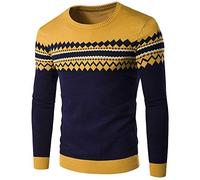 AnyuA Herren Feinstrick-Pullover Strickpullover Rundhals Sweatshirt Vintage Gelb S