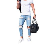 AnyuA Herren Jeans Mode Casual Destroyed Slim Fit Skinny Denim Hose Strech Zerrissen Jeanshose Hellblau M