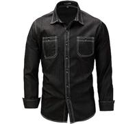 AnyuA Herren Jeanshemd Denim Hemd Freizeithemd mit Kentkragen aus 100% Baumwolle Schwarz 3XL