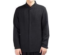 AnyuA Herren Kragenloses Leinenhemd, Hemden mit Stehkragen, Knopfleiste Schwarz L