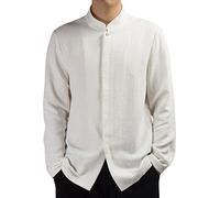 AnyuA Herren Kragenloses Leinenhemd, Hemden mit Stehkragen, Knopfleiste Weiß M