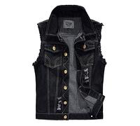 AnyuA Herren Vintage, Destroyed-Look, Jeansjacke, Cowboy Weste, Stehkragen Schwarz M