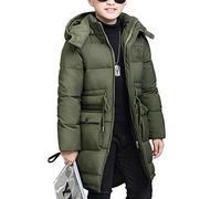 AnyuA Jungen Einfarbig Wintermantel Lange Ärmel Parka Jacke Mantel Tasche Oberbekleidung Winterjacke Kapuzenjacke Armee-Grün 140